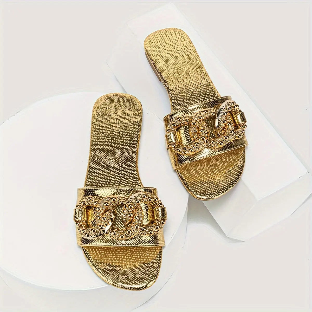 Chic Golden Snakeskin Print Women's Slide Sandals with Metallic Buckle - Fashionable Flat Heel, Round Toe Design for All Seasons - NEXTRENDBAHRAIN