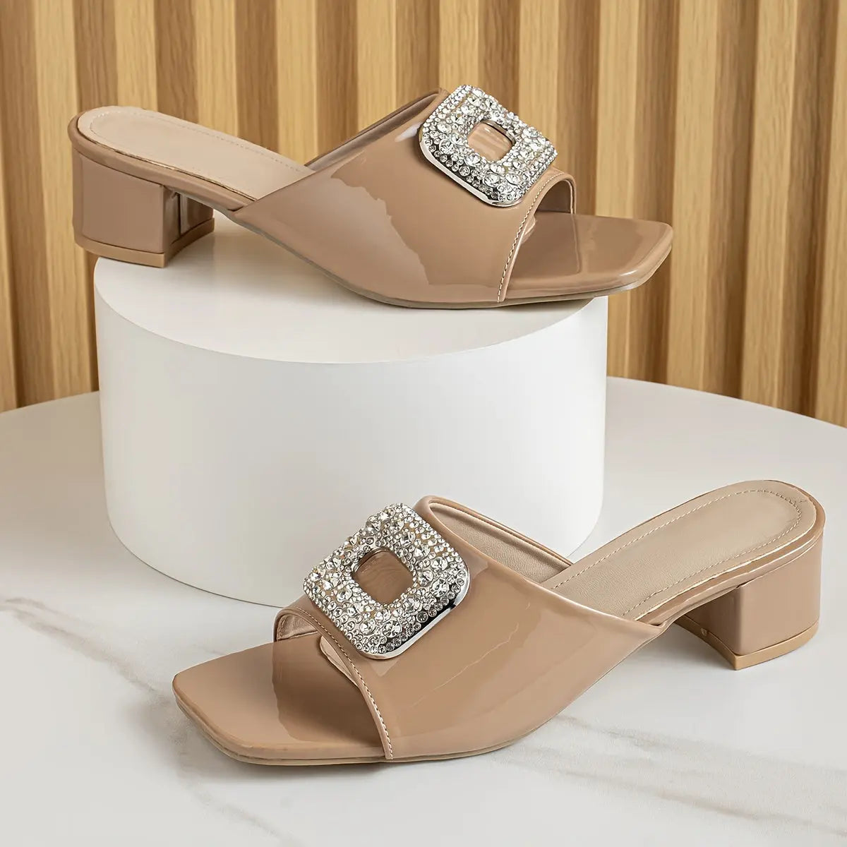 Women's Solid Color Stylish Sandals, Slip On Rhinestone Buckle Chunky Heels, Comfort Square Toe Daily Footwear - NEXTRENDBAHRAIN