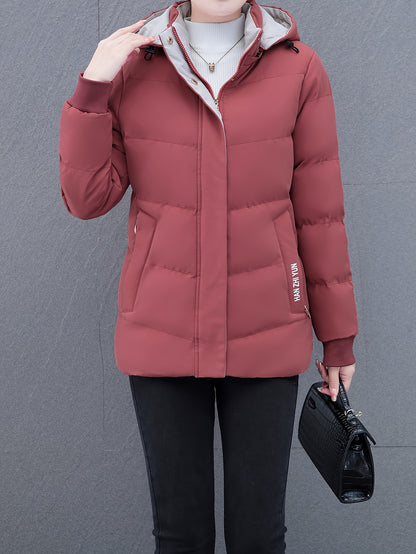 Women'S Puffer Coat, Autumn/Winter Warm Thickened Cotton Jacket, Hooded Sports Style, Solid Color, Zippered, Non-Stretch Fabric, Outdoor Casual Jacket, Polyester (Poly) Material, Woven Knit NEXTRENDBAHRAIN