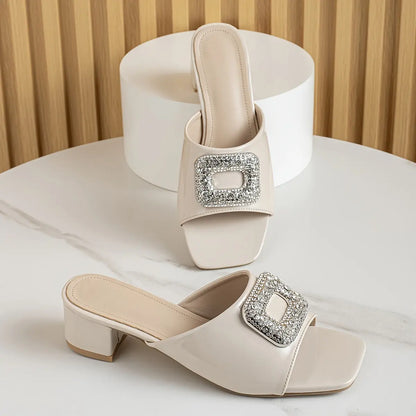 Women's Solid Color Stylish Sandals, Slip On Rhinestone Buckle Chunky Heels, Comfort Square Toe Daily Footwear - NEXTRENDBAHRAIN