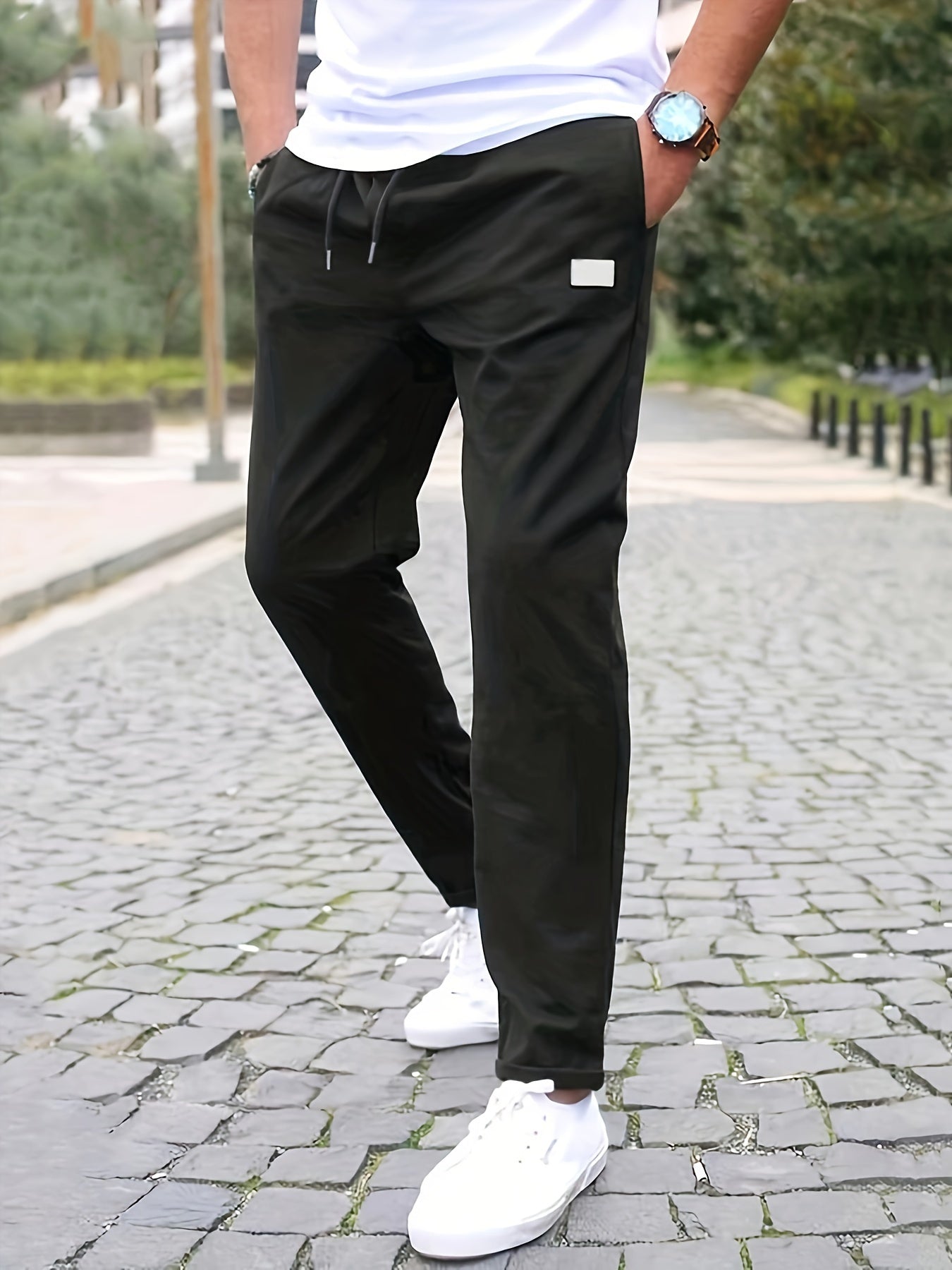 2pcs Men's Label Patched Straight Leg Slim Pants With Drawstrings, Casual Versatile Sports Trousers As Gift NEXTRENDBAHRAIN