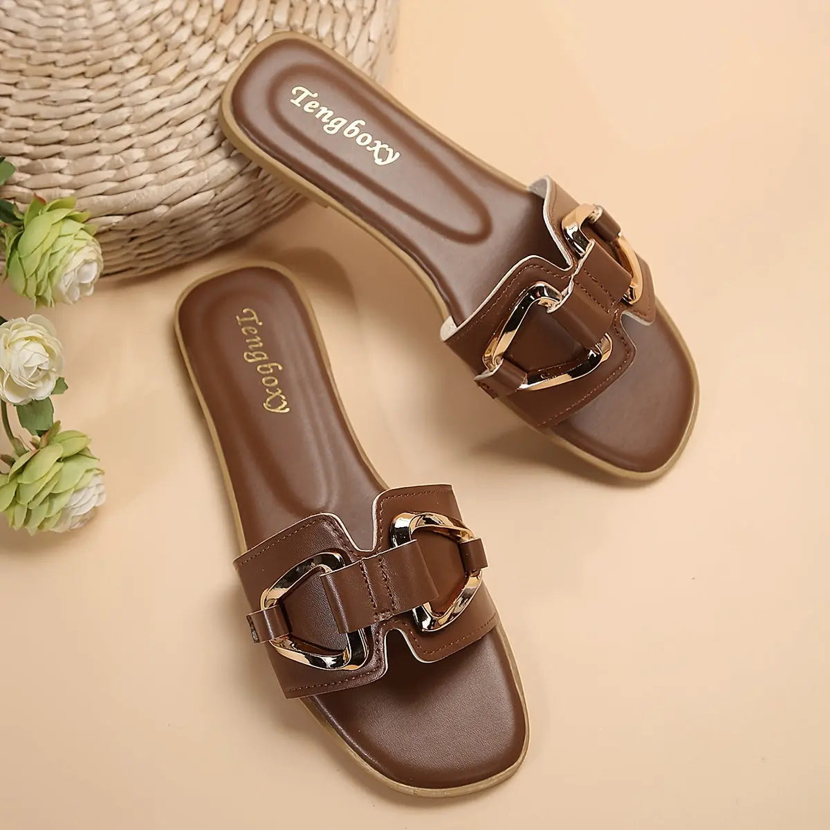 Women's Metallic Buckle Decor Slides, Fashionable Square Open Toe Summer Shoes, Casual Beach Flat Slides - NEXTRENDBAHRAIN