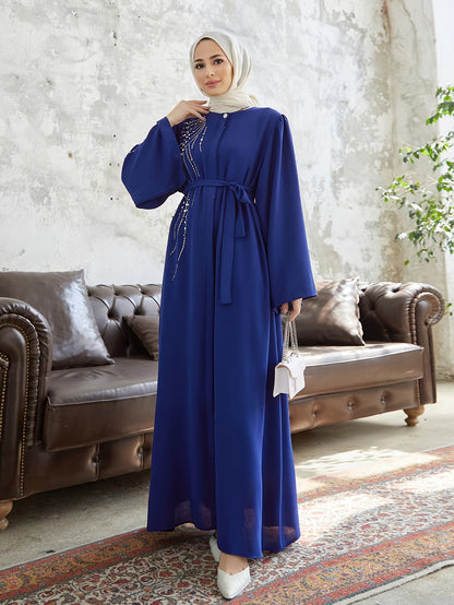 Beaded Tie Waist Modest Dress, Elegant Flare Sleeve Maxi Length Aline Dress, Women's Clothing - NEXTRENDBAHRAIN