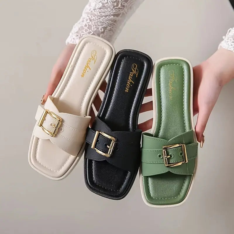 Women's Solid Color Slide Sandals, Casual Square Open Toe Flat Summer Shoes, Lightweight Buckle Strap Design Slide Sandals - NEXTRENDBAHRAIN