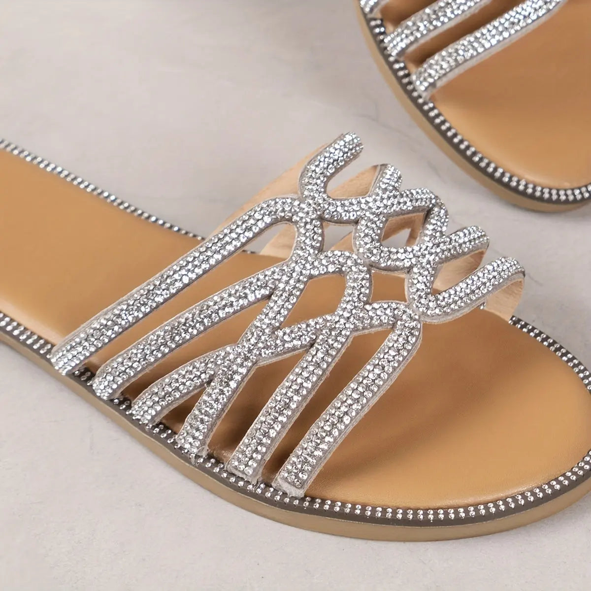 Women's Solid Color Glitter Sandals, Slip On Lightweight Flat Rhinestone Decor Slides, Summer Seaside Beach Slides - NEXTRENDBAHRAIN