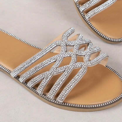 Women's Solid Color Glitter Sandals, Slip On Lightweight Flat Rhinestone Decor Slides, Summer Seaside Beach Slides - NEXTRENDBAHRAIN