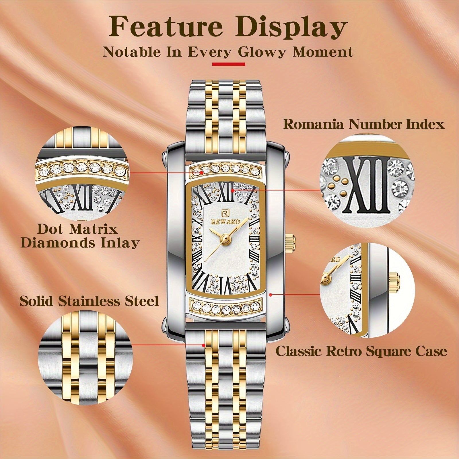 Elegant Golden-Tone Women's Watch - Luxury Retro Rectangle Design with Rhinestone Accents, Stainless Steel Band, Japanese Quartz Movement - NEXTRENDBAHRAIN