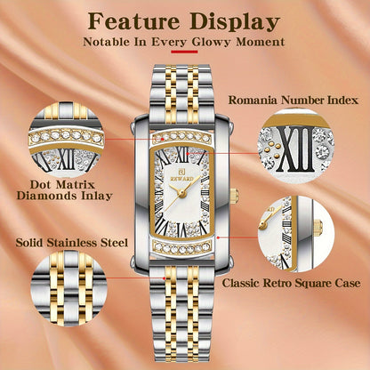 Elegant Golden-Tone Women's Watch - Luxury Retro Rectangle Design with Rhinestone Accents, Stainless Steel Band, Japanese Quartz Movement - NEXTRENDBAHRAIN