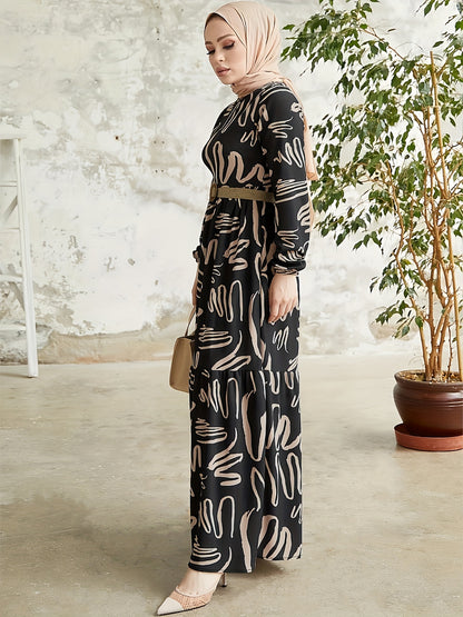 Allover Print Crew Neck Kaftan Dress, Elegant Long Sleeve Maxi Dress, Women's Clothing - NEXTRENDBAHRAIN