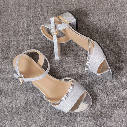 Women's Solid Color Elegant Sandals, Ankle Buckle Strap Rhinestone Beaded Chunky Heels, Versatile Slingback Dressy Shoes - NEXTRENDBAHRAIN