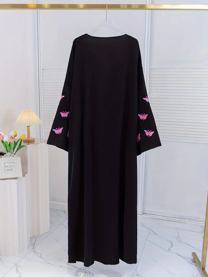 Butterfly Embroidered Long Sleeve Abayas Dress, Elegant V Neck Maxi Length Dress, Women's Clothing NEXTRENDBAHRAIN