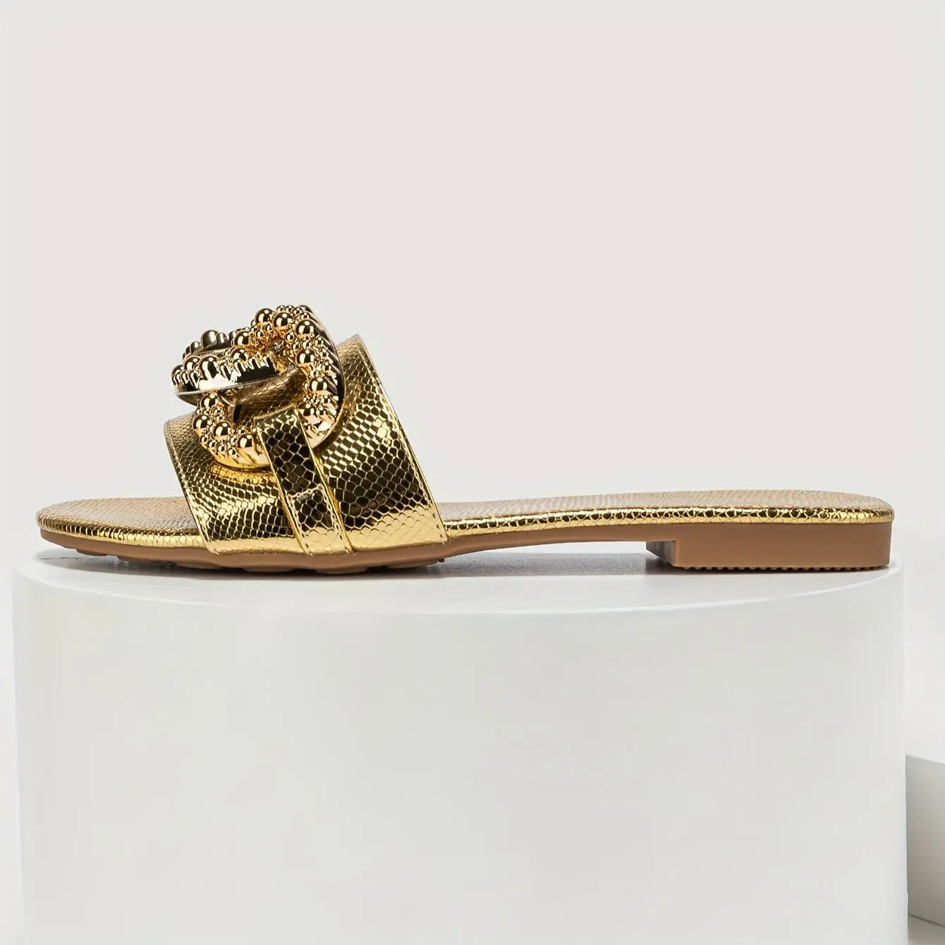 Chic Golden Snakeskin Print Women's Slide Sandals with Metallic Buckle - Fashionable Flat Heel, Round Toe Design for All Seasons - NEXTRENDBAHRAIN