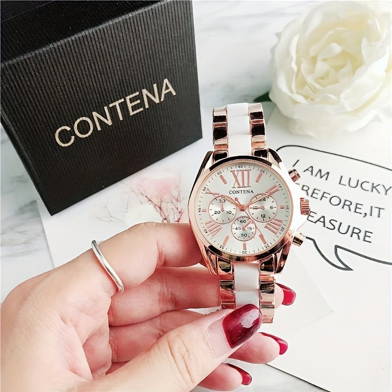 1pc Matching Contena Luxury Rose Golden Quartz Watches, Women's Fashion Wristwatch Set With Roman Numerals, Elegant Female Timepieces For Daily Life And Travel (Watch Only) - NEXTRENDBAHRAIN