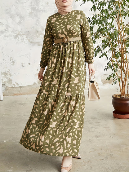 Allover Print Crew Neck Modest Dress, Elegant Long Sleeve Maxi Dress For Spring & Fall, Women's Clothing - NEXTRENDBAHRAIN