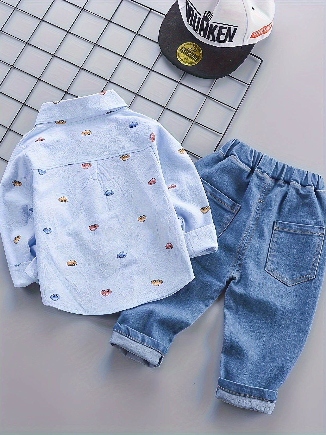 Baby Boy's 2Pcs Cartoon Cars Button Down Shirt & Elastic Pants Set, Toddler Cotton Spring Fall Outfit - NEXTRENDBAHRAIN