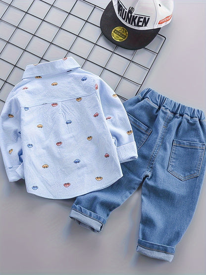 Baby Boy's 2Pcs Cartoon Cars Button Down Shirt & Elastic Pants Set, Toddler Cotton Spring Fall Outfit - NEXTRENDBAHRAIN