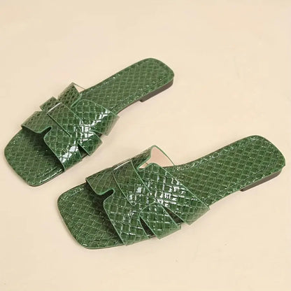 Women's Plaid Pattern Slide Sandals, Casual Square Open Toe Flat Summer Shoes, Lightweight Slide Sandals - NEXTRENDBAHRAIN