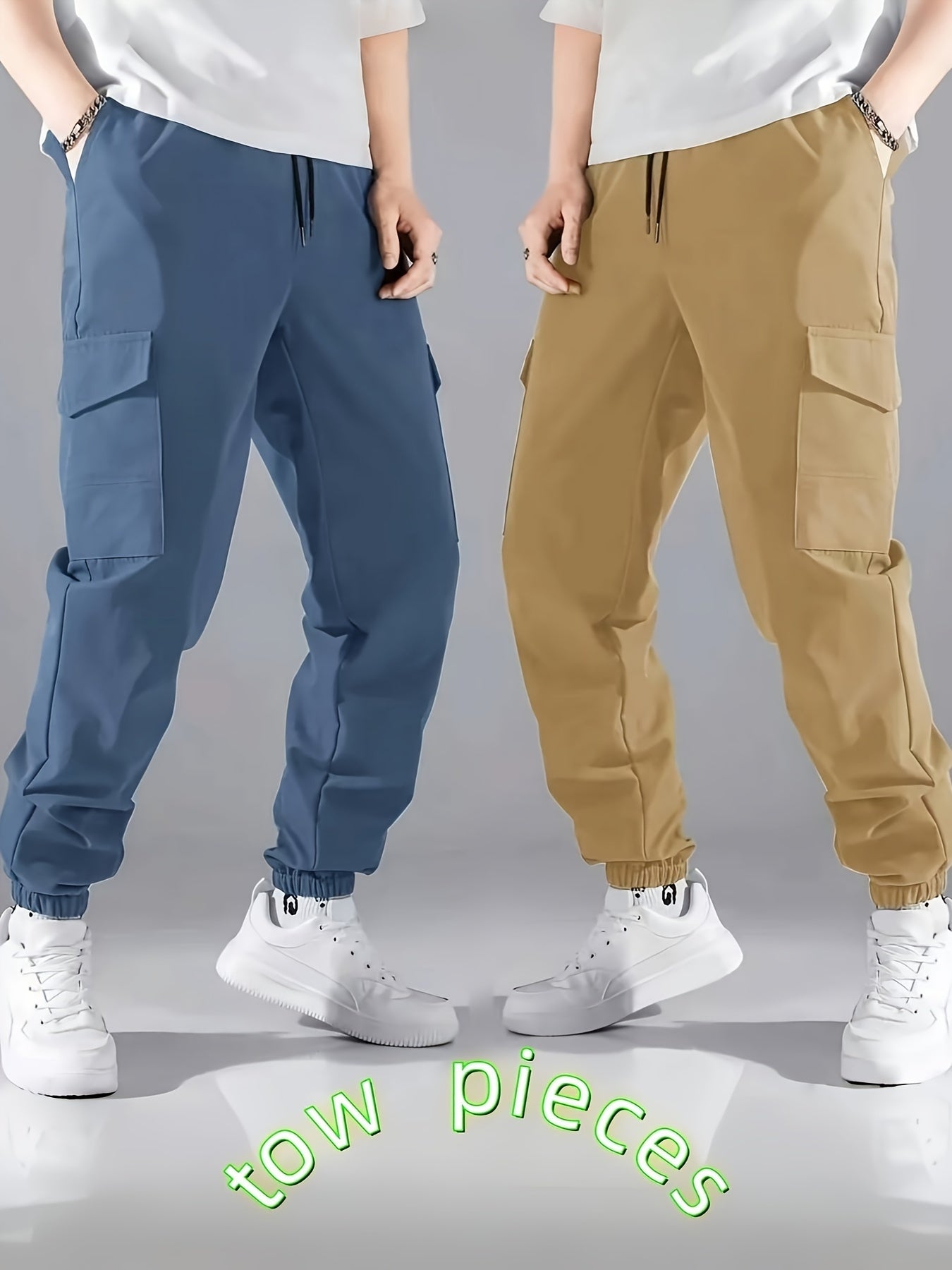 2pcs Men's Trendy Solid Footed Cargo Pants With Side Pocket, Comfy Casual Loose Fit Trousers For Men's Outdoor Activities - NEXTRENDBAHRAIN