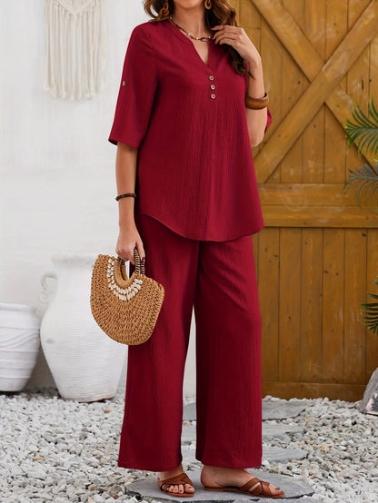 Casual Solid Color Pants Set, Short Sleeve Button Notch Neck Blouse & Wide Leg Pants Outfits, Women's Clothing - NEXTRENDBAHRAIN