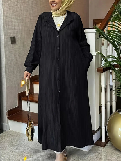 Women's Elegant Solid Color Long Abaya with Belt - Polyester Woven Fabric, Full-Length Robe with Button Closure, Traditional Middle Eastern Style, Suitable for All Seasons - Collection 6322 - NEXTRENDBAHRAIN