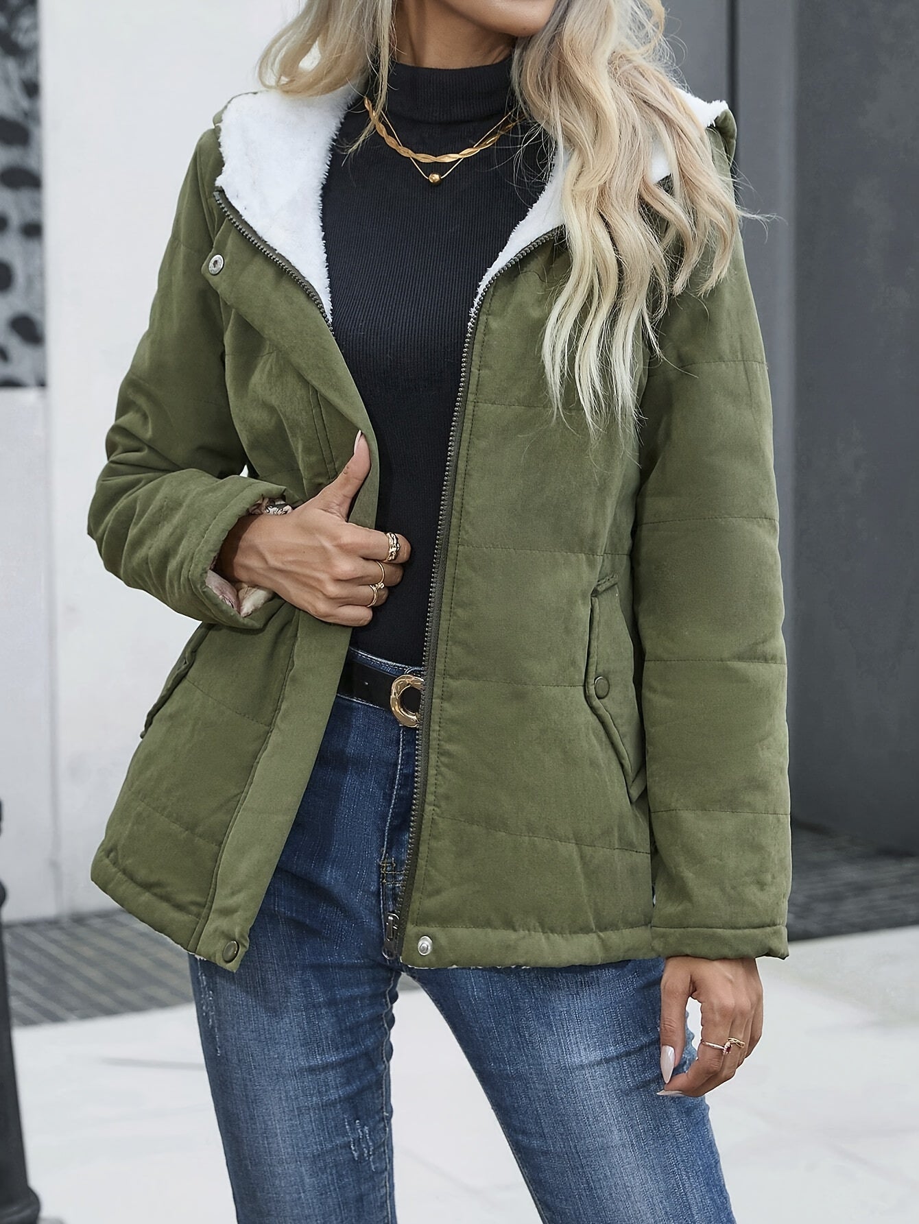 Zip Front Long Sleeve Button Down Jacket, Casual Solid Color Dual Pockets Hooded Quilted Down Jacket, Women's Clothing NEXTRENDBAHRAIN