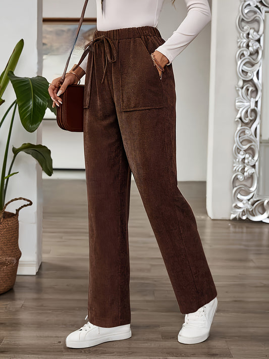 Women's Casual Corduroy Pants with Drawstring Waist - Polyester Blend Straight Leg Trousers for Fall/Winter (95% Polyester, 5% Spandex) NEXTRENDBAHRAIN