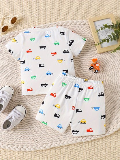 Baby Boys 2-Piece Summer Outfit Set, Fashionable Printed 'Little Truck' Design, Casual Short Sleeve Round Neck T-Shirt And Shorts, Toddler Boys - NEXTRENDBAHRAIN