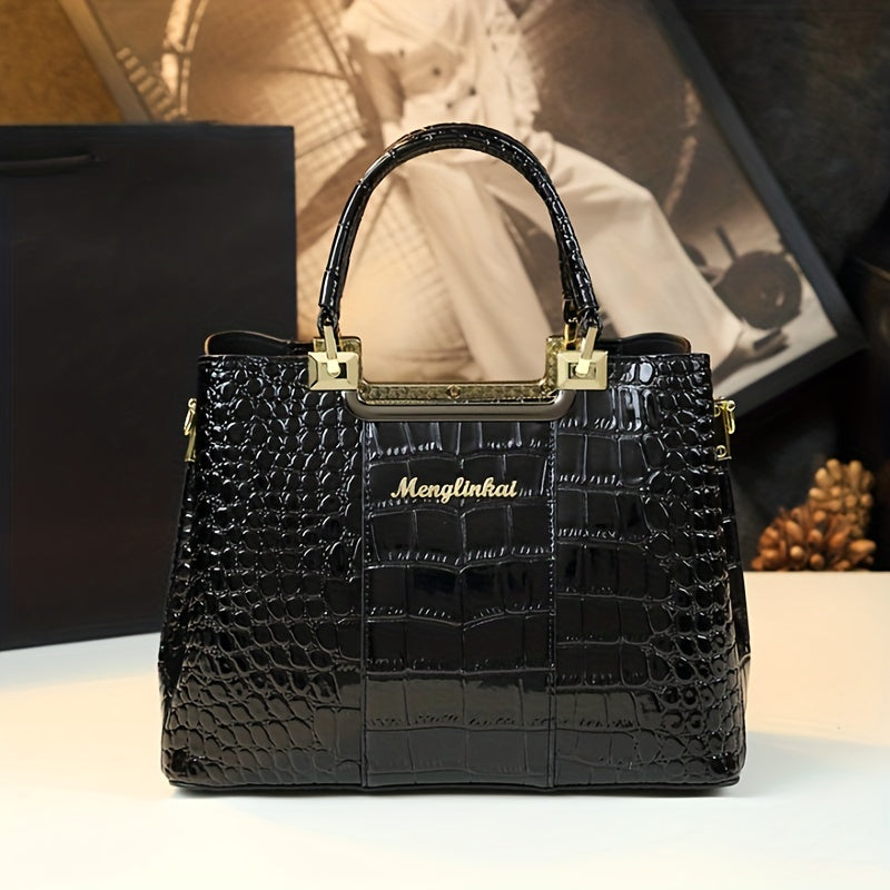 Vintage Crocodile Pattern Tote Bag, Luxury Top Handle Satchel, Women's Casual Handbag & Purse - NEXTRENDBAHRAIN