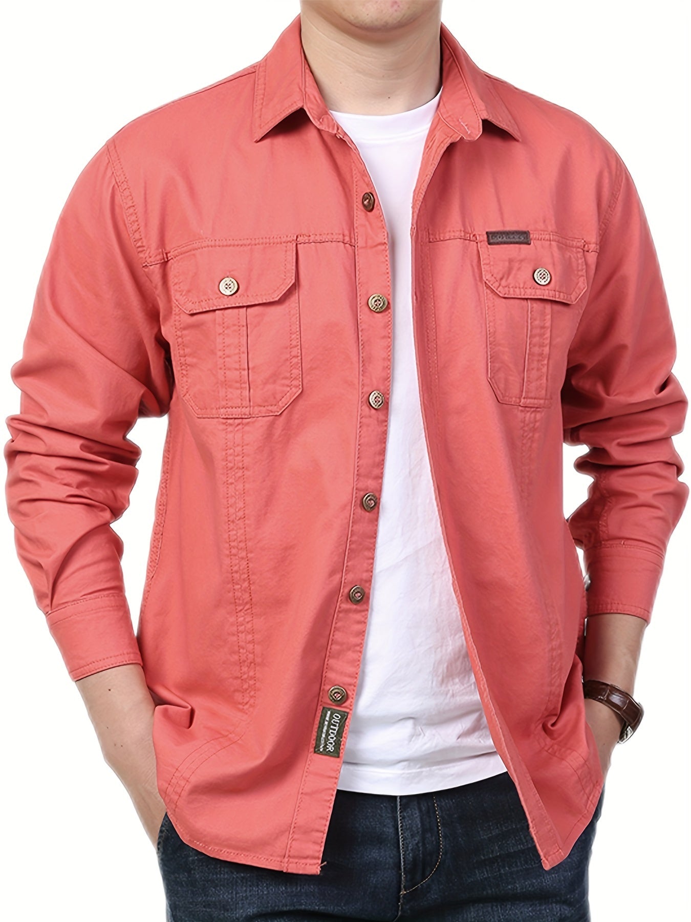 Cotton Comfy Solid Men's Cargo Style Long Sleeve Button Down Shirt With Flap Pockets, Spring Fall Thin Shirt Jacket NEXTRENDBAHRAIN