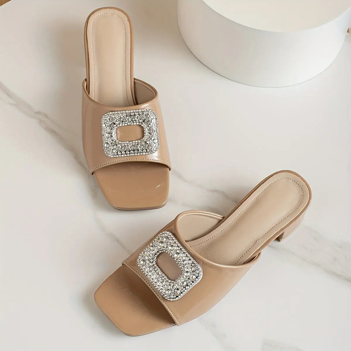 Women's Solid Color Stylish Sandals, Slip On Rhinestone Buckle Chunky Heels, Comfort Square Toe Daily Footwear - NEXTRENDBAHRAIN