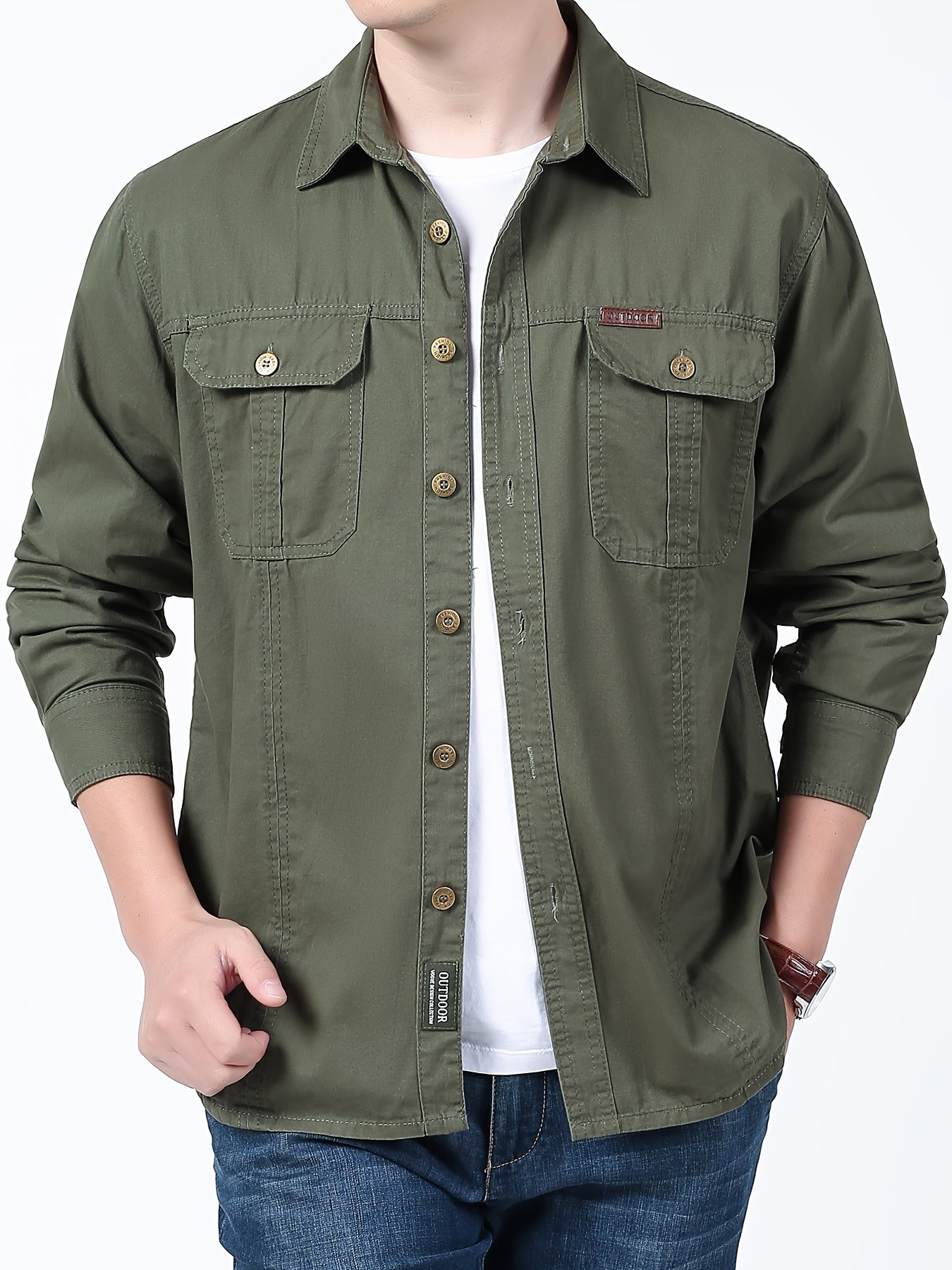 Cotton Comfy Solid Men's Cargo Style Long Sleeve Button Down Shirt With Flap Pockets, Spring Fall Thin Shirt Jacket NEXTRENDBAHRAIN