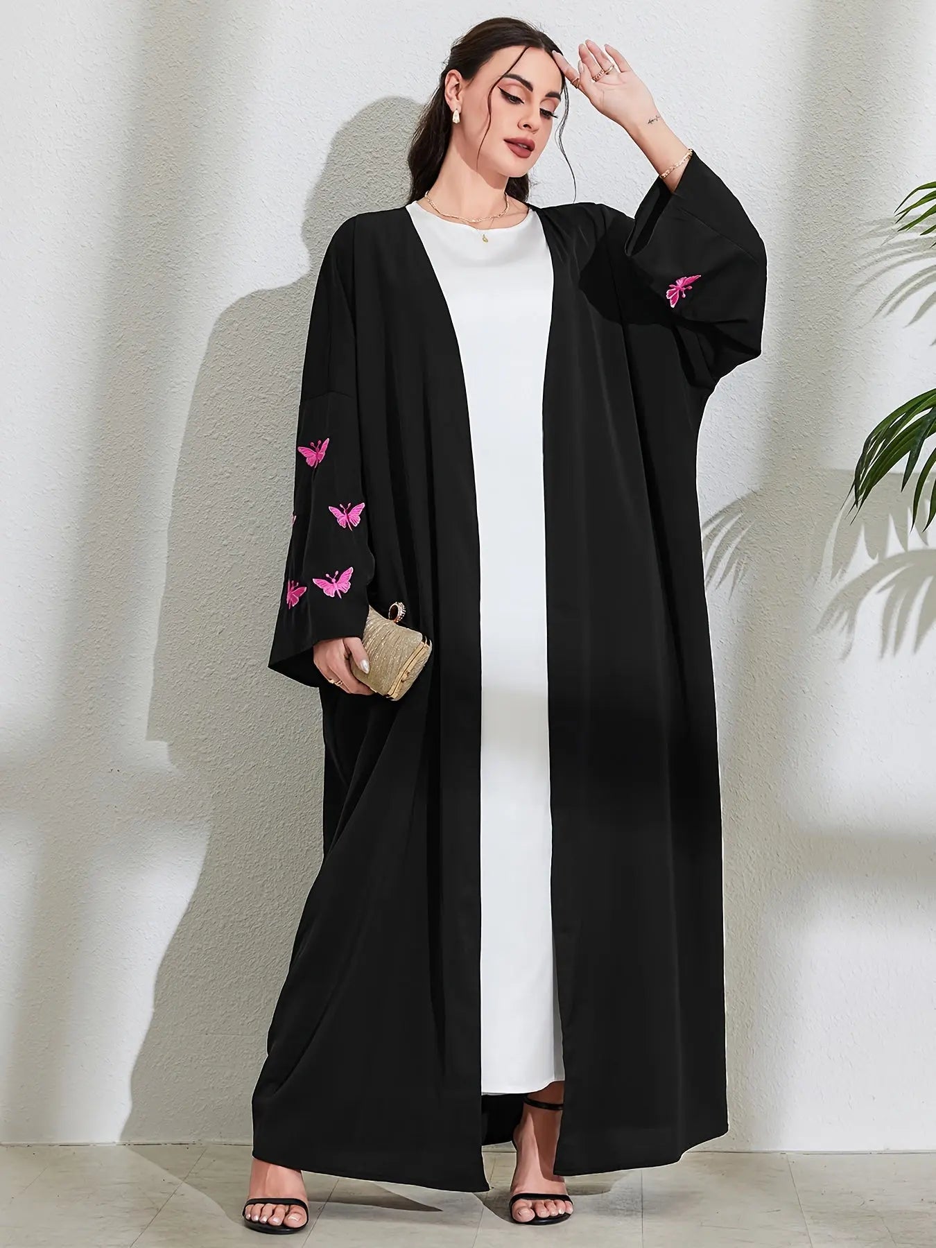 Butterfly Embroidered Modest Outwear, Elegant Open Front Maxi Loose Cover Up, Women's Clothing NEXTRENDBAHRAIN