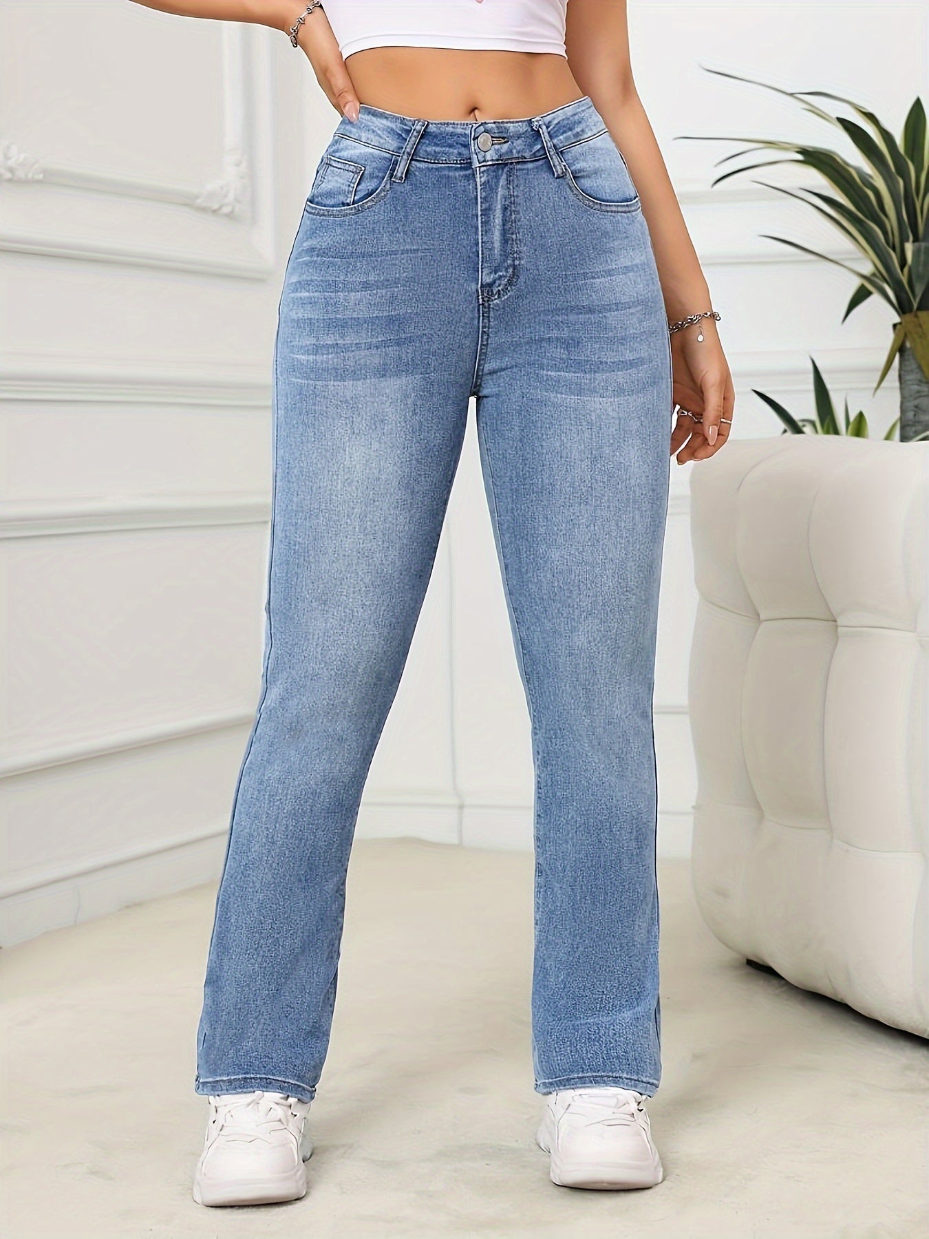 Women's High-Waist Stretch Jeans, Slim Fit Straight-Leg Denim Pants, Elegant Style, Versatile Blue, Casual Long Trousers NEXTRENDBAHRAIN