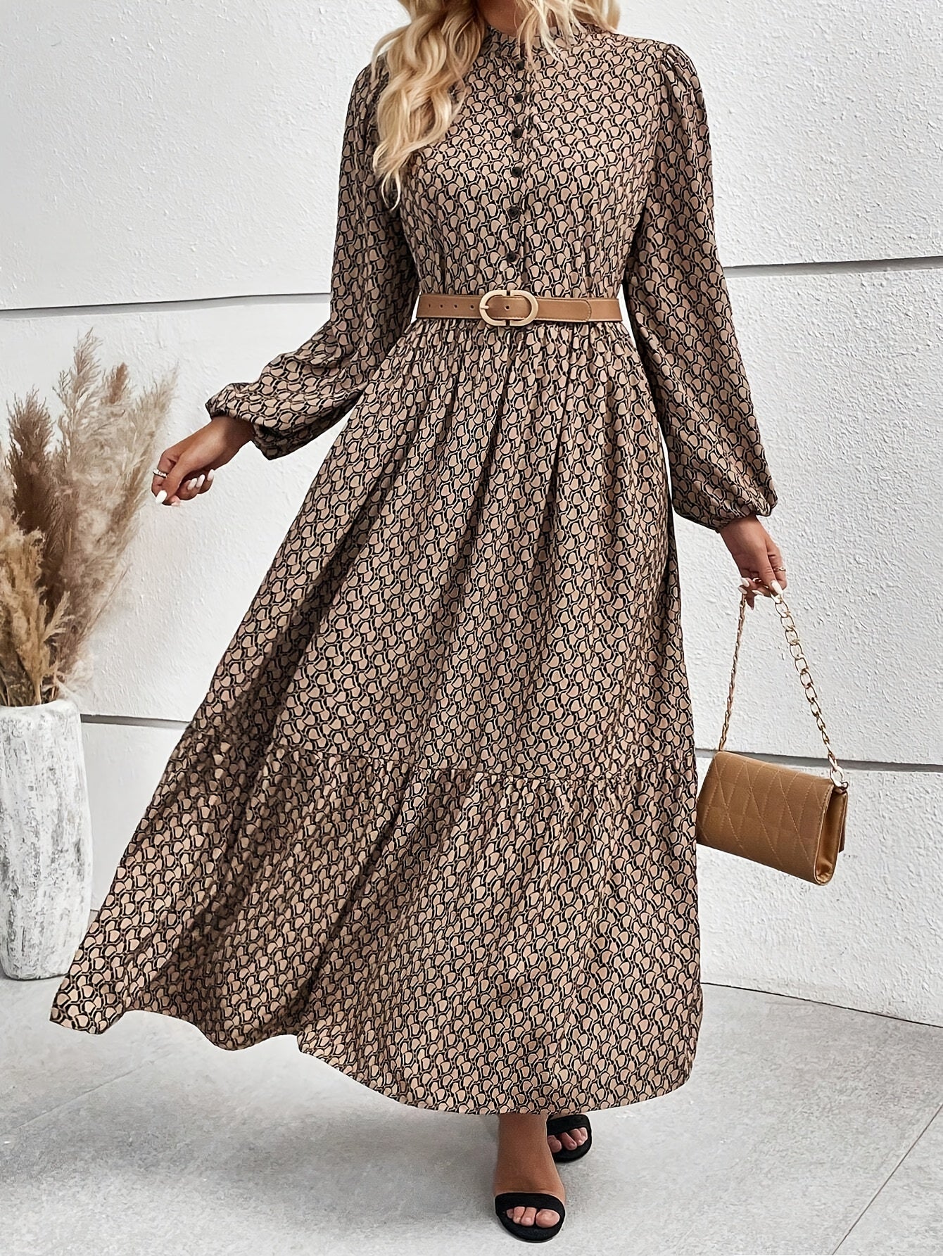 Allover Print Button Front Beltless Dress, Elegant Lantern Sleeve Flowy Dress For Spring & Fall, Women's Clothing - NEXTRENDBAHRAIN