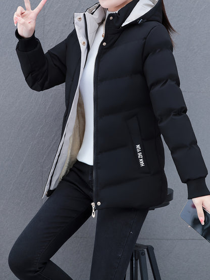 Women'S Puffer Coat, Autumn/Winter Warm Thickened Cotton Jacket, Hooded Sports Style, Solid Color, Zippered, Non-Stretch Fabric, Outdoor Casual Jacket, Polyester (Poly) Material, Woven Knit NEXTRENDBAHRAIN