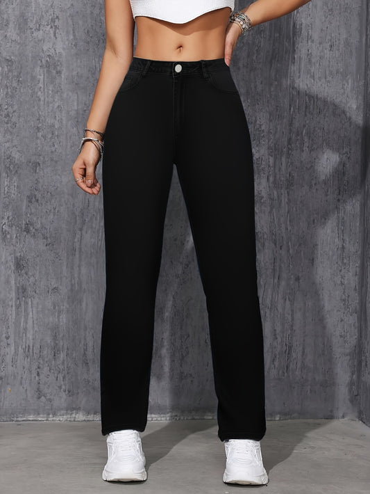 Women's Casual Style Plain Denim Pants, Soft Mid Rise Straight-leg Jeans With Stretch NEXTRENDBAHRAIN