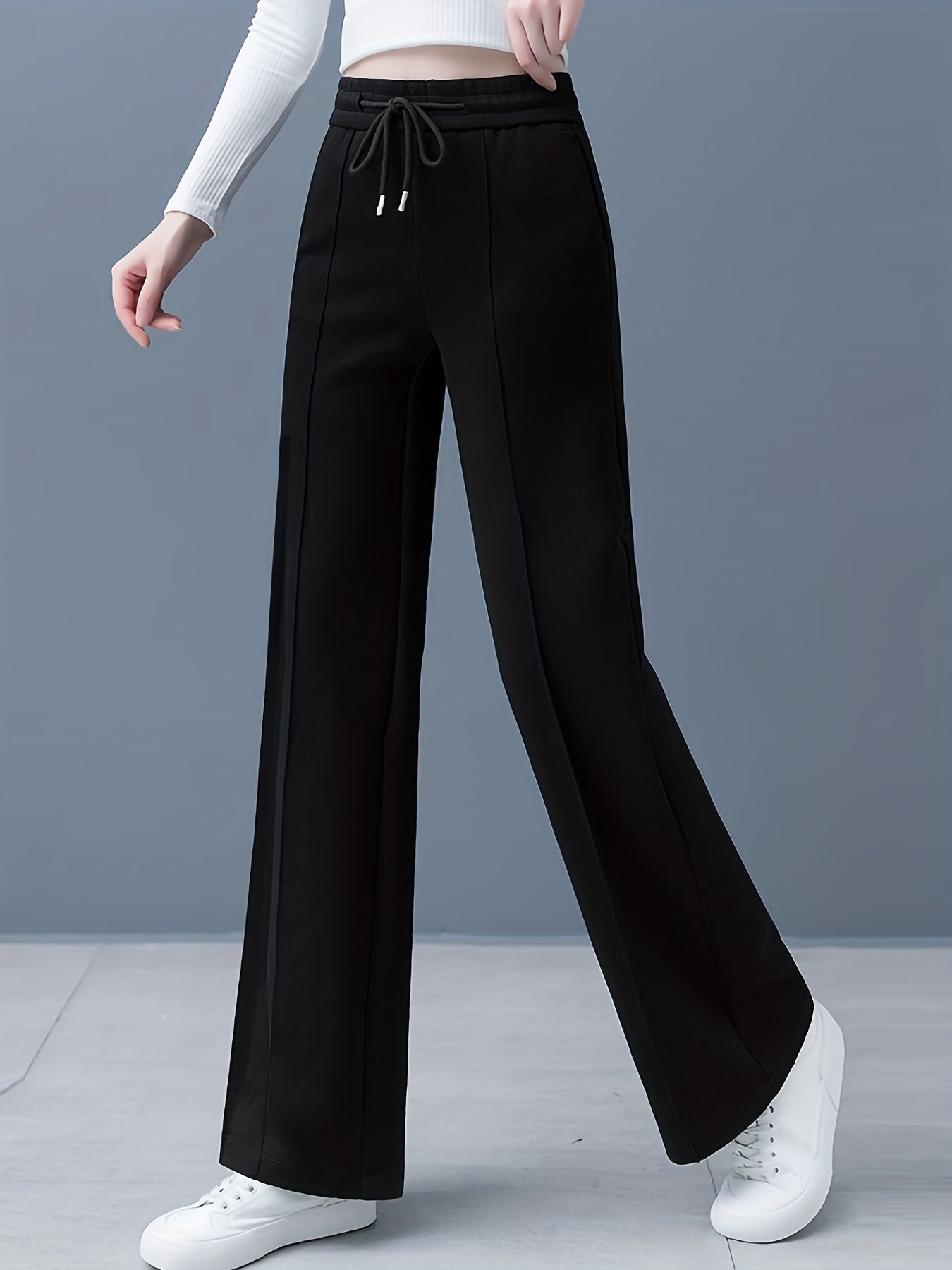 Women's High-Waist Straight-Leg Pants in Solid Color - Comfortable Polyester, Machine Washable, Casual Wide-Leg Design for All Seasons NEXTRENDBAHRAIN