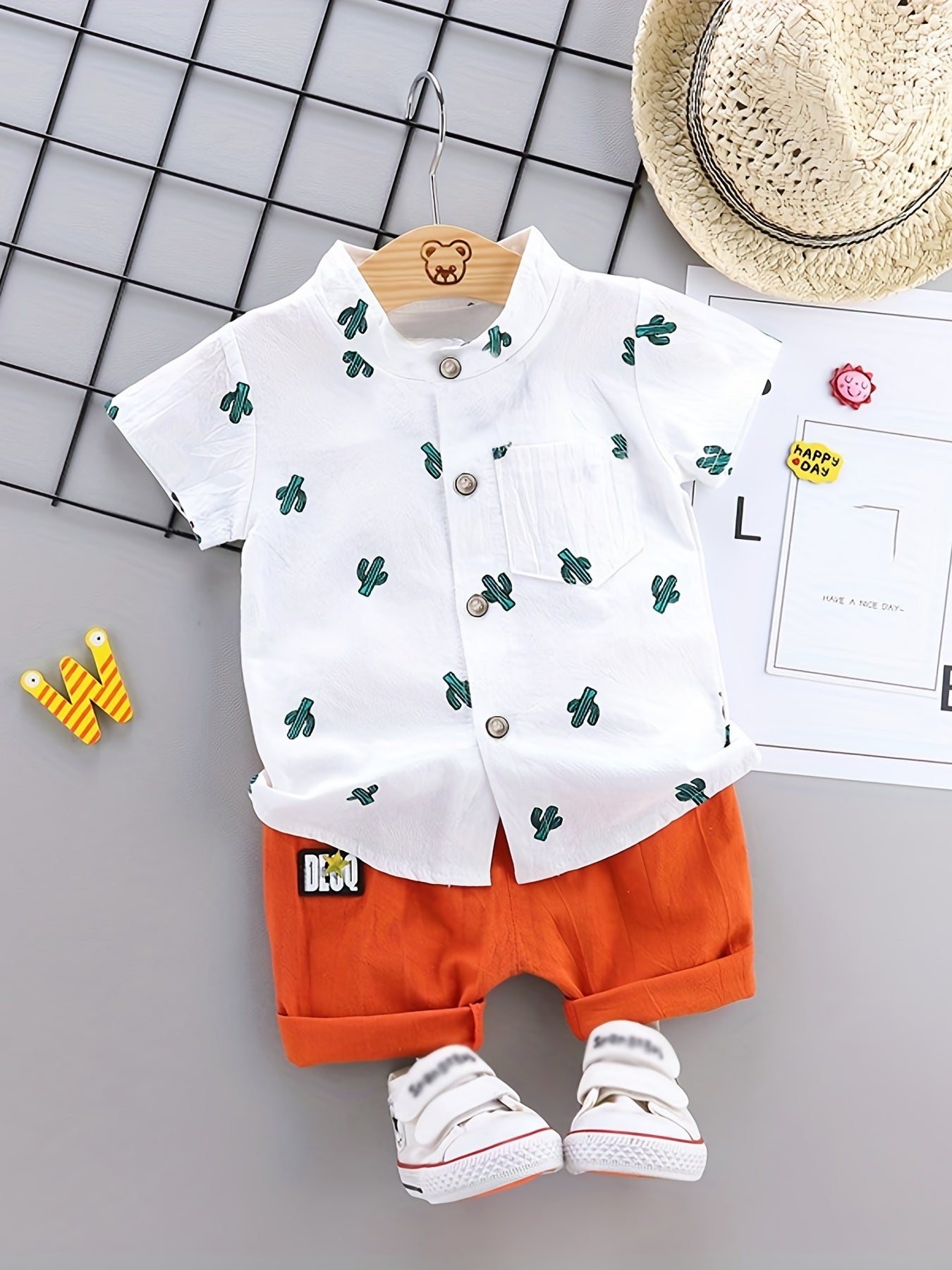 2pcs Baby Boys Dinosaur Print Button Short Sleeve Shirt Top & Elastic Waist Shorts Set Toddler Summer Clothes - NEXTRENDBAHRAIN