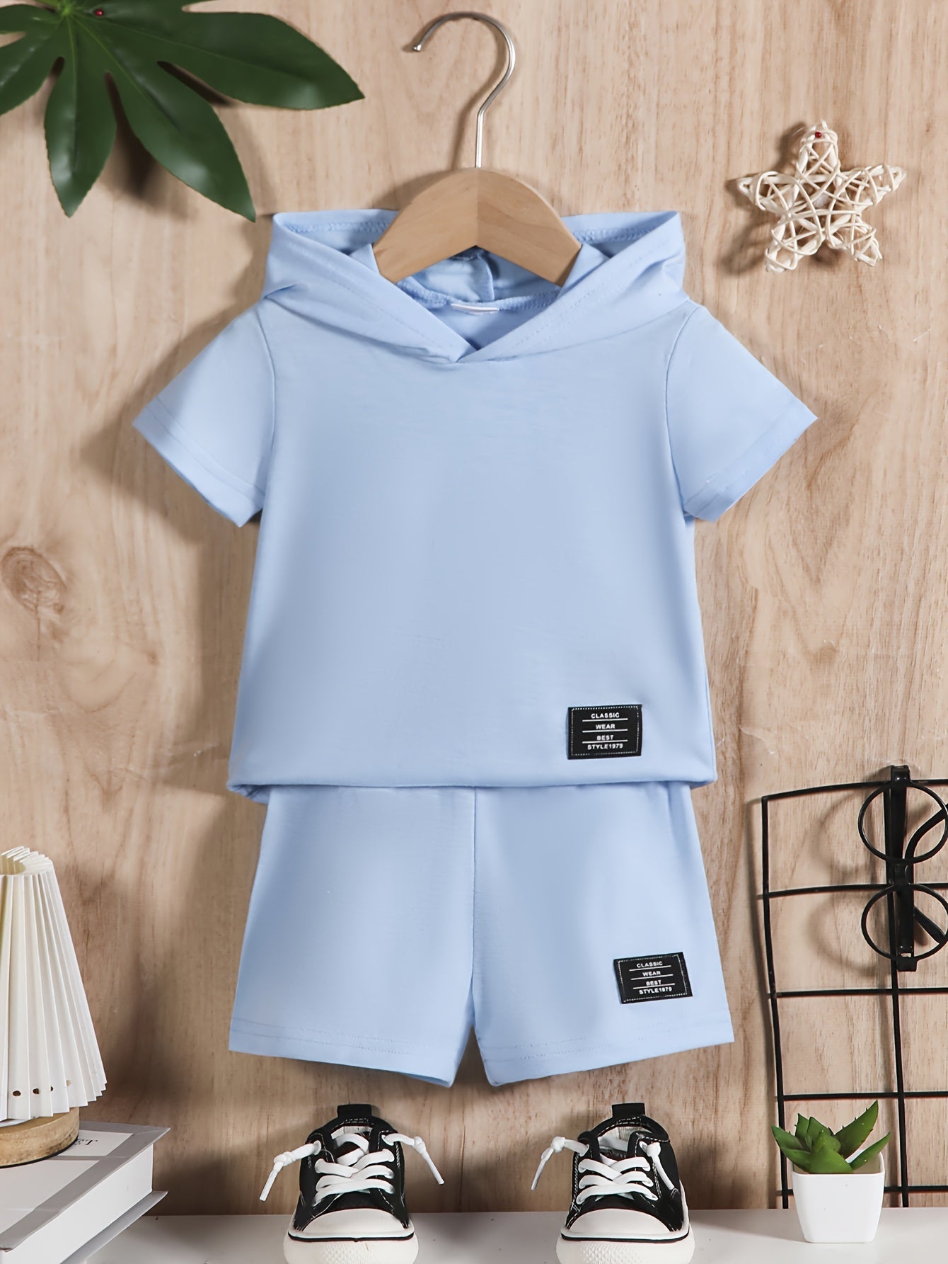 2pcs Baby Boy's Letter Patched Summer Set, Short Sleeve Hooded T-shirt & Casual Shorts - NEXTRENDBAHRAIN