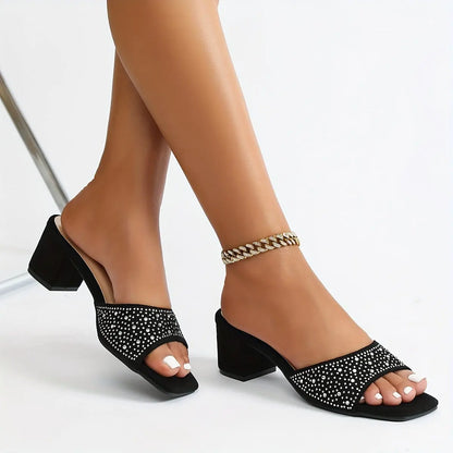 Women's Chunky Heeled Sandals, Rhinestone Decor Square Open Toe Slip On Heels, Fashion Going Out Vacation Party Shoes - NEXTRENDBAHRAIN