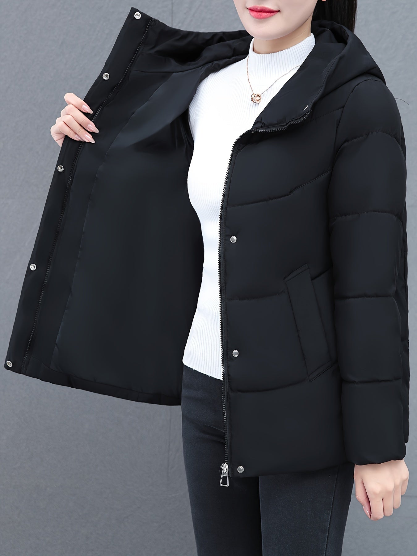 1pc Women'S Casual Style Winter Coat, Geometric Pattern Hooded Cotton Jacket, Long Sleeve, Mid-Length, Non-Stretch Polyester Fabric, No Waist Belt, Non-Waterproof with Pockets NEXTRENDBAHRAIN