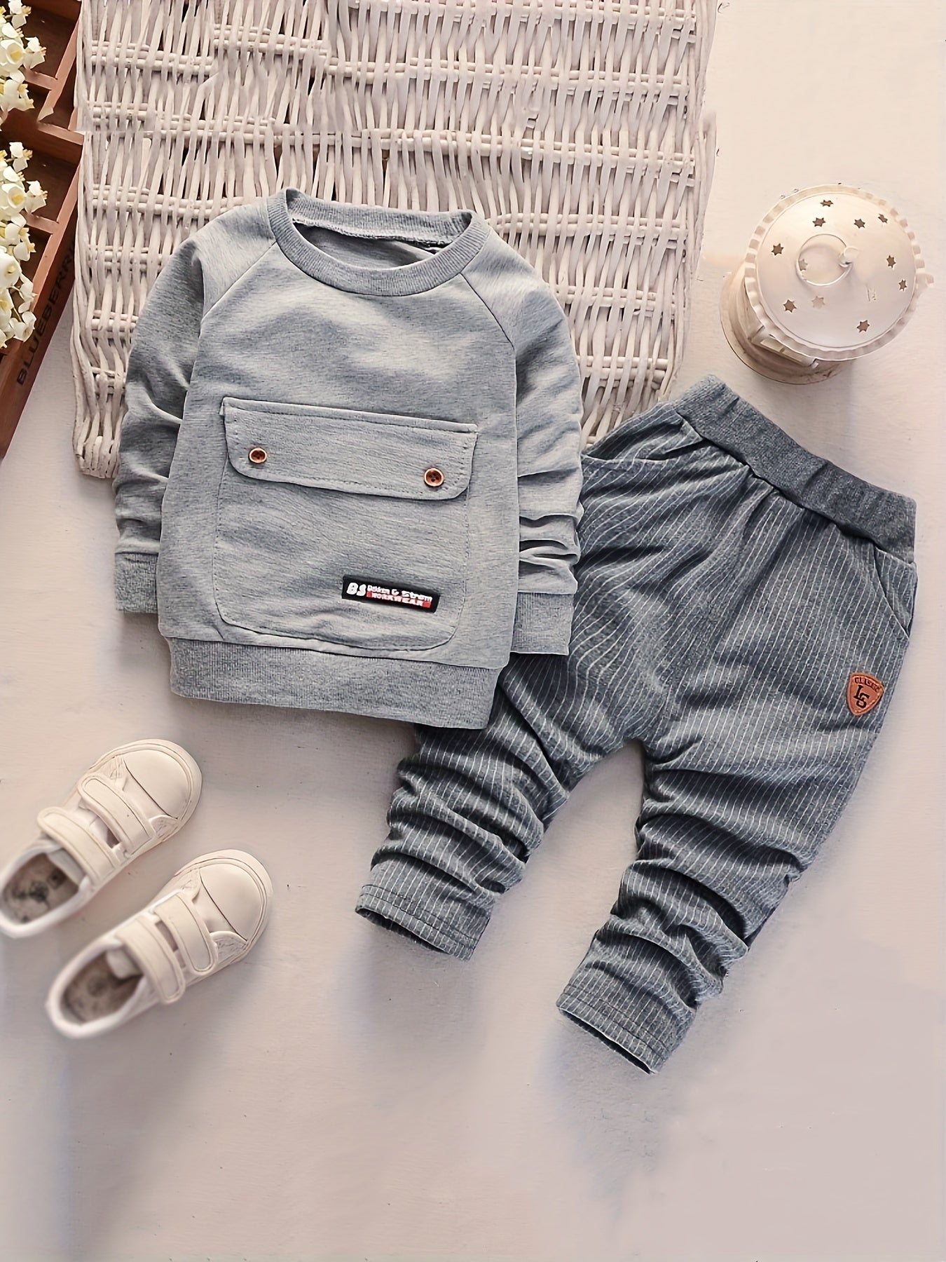 Kid's Classic Casual Outfits - 2pcs Slant Shoulder Long Sleeve Top With Big Pocket Design + Trousers Set For Spring Autumn - NEXTRENDBAHRAIN