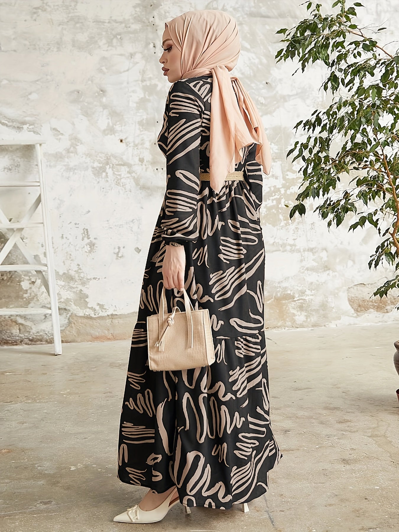 Allover Print Crew Neck Kaftan Dress, Elegant Long Sleeve Maxi Dress, Women's Clothing - NEXTRENDBAHRAIN