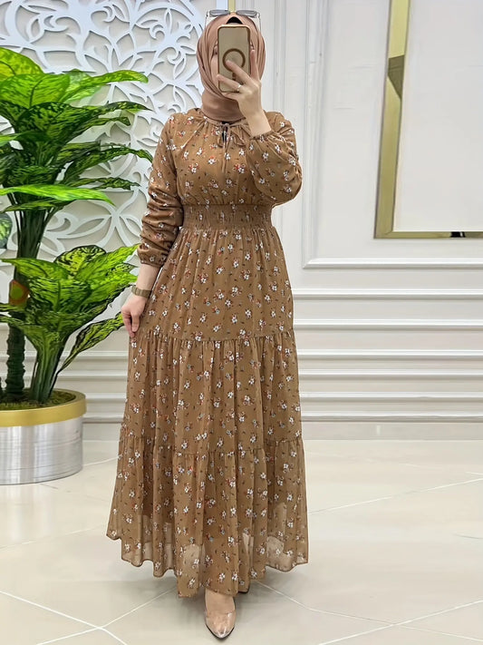 Crew Neck Long Sleeve Abayas Dress, Elegant Shirred Waist Ruffle Hem Maxi Length Dress, Women's Clothing - NEXTRENDBAHRAIN