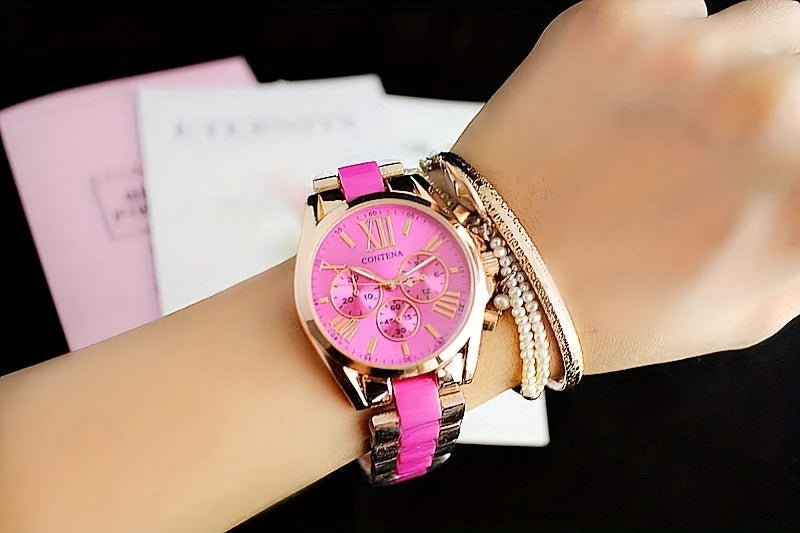 1pc Matching Contena Luxury Rose Golden Quartz Watches, Women's Fashion Wristwatch Set With Roman Numerals, Elegant Female Timepieces For Daily Life And Travel (Watch Only) - NEXTRENDBAHRAIN