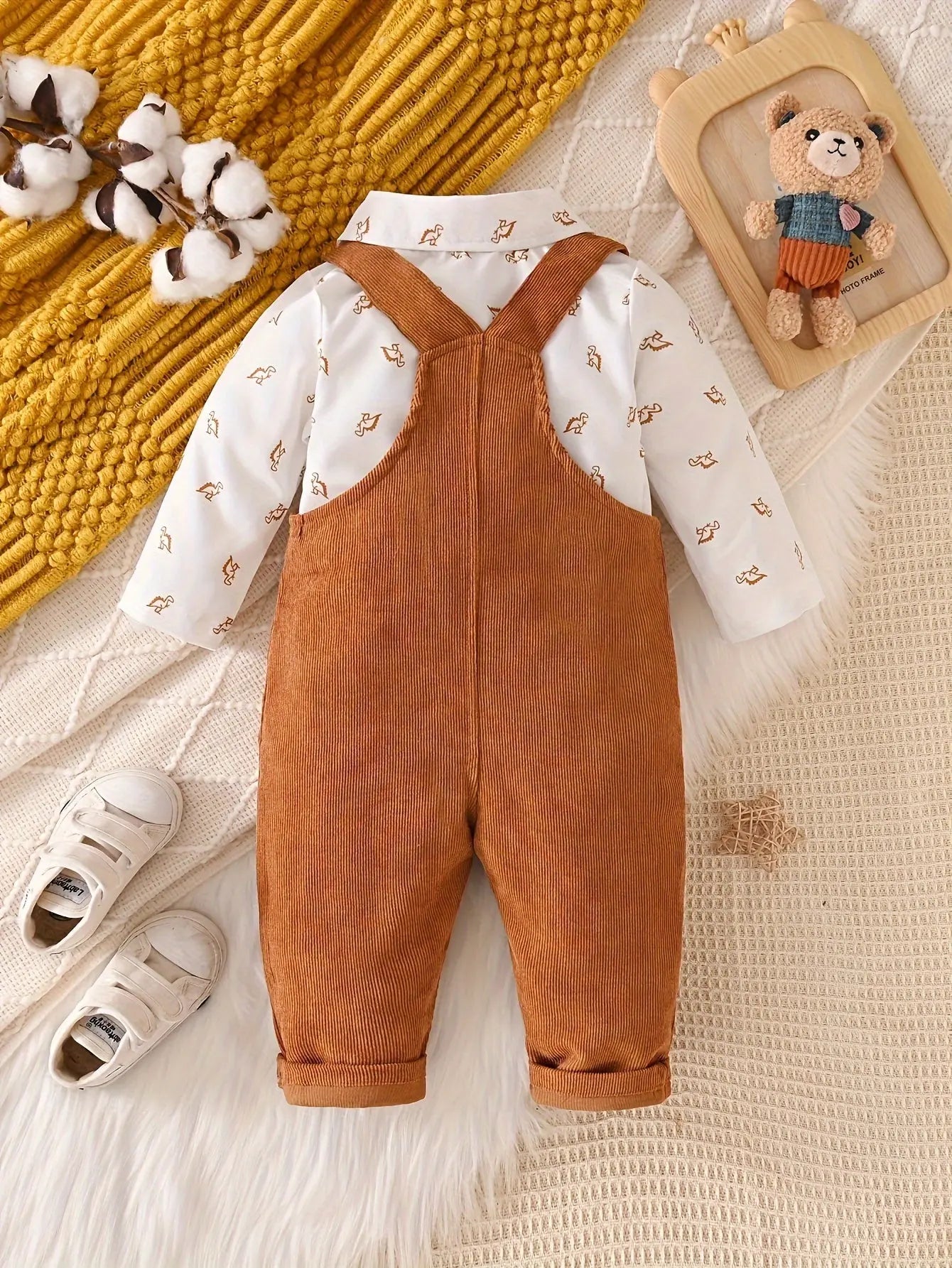 Boy'S Corduroy Overalls with Dinosaur Print Shirt And Bow Tie - Fall/Winter Collection - NEXTRENDBAHRAIN