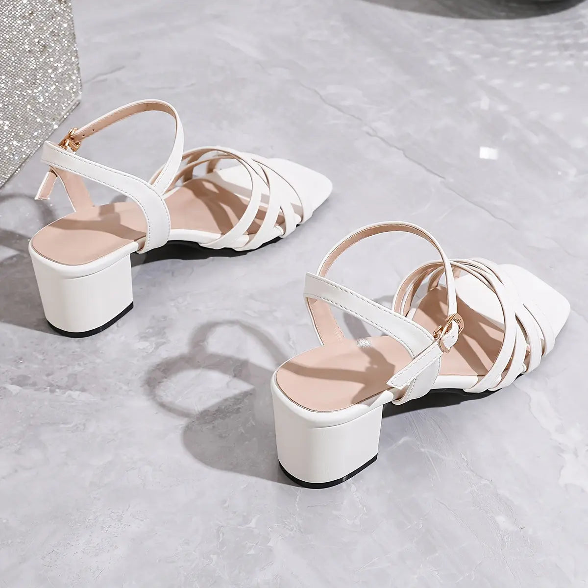 Women's Solid Color Chunky Heel Sandals, Fashion Square Open Toe Dress Pumps, Stylish Buckle Strap Heels - NEXTRENDBAHRAIN