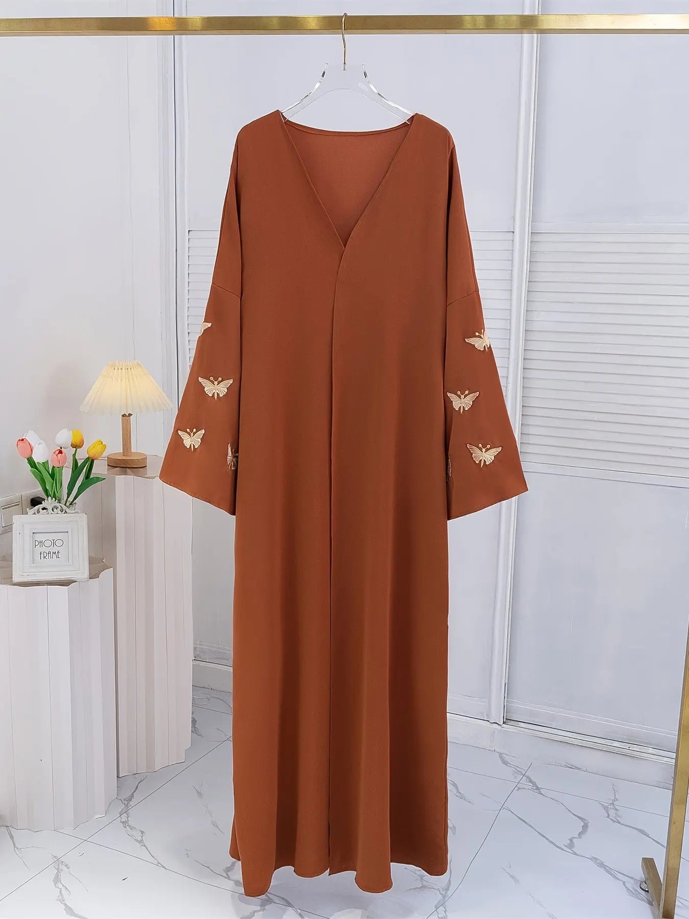 Butterfly Embroidered Long Sleeve Abayas Dress, Elegant V Neck Maxi Length Dress, Women's Clothing NEXTRENDBAHRAIN