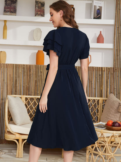 Belted Layered Ruffle Hem Dress, Casual V Neck Short Sleeve Dress, Women's Clothing For Elegant Dressing - NEXTRENDBAHRAIN