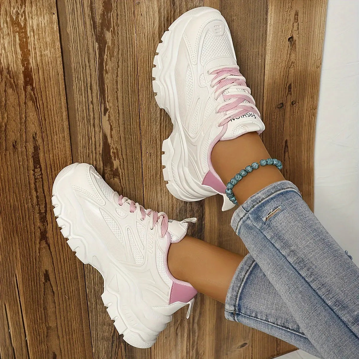 Women's Solid Color Mesh Sneakers, Lace Up Soft Sole Platform Casual Shoes, Breathable Low-top Comfy Shoes - NEXTRENDBAHRAIN